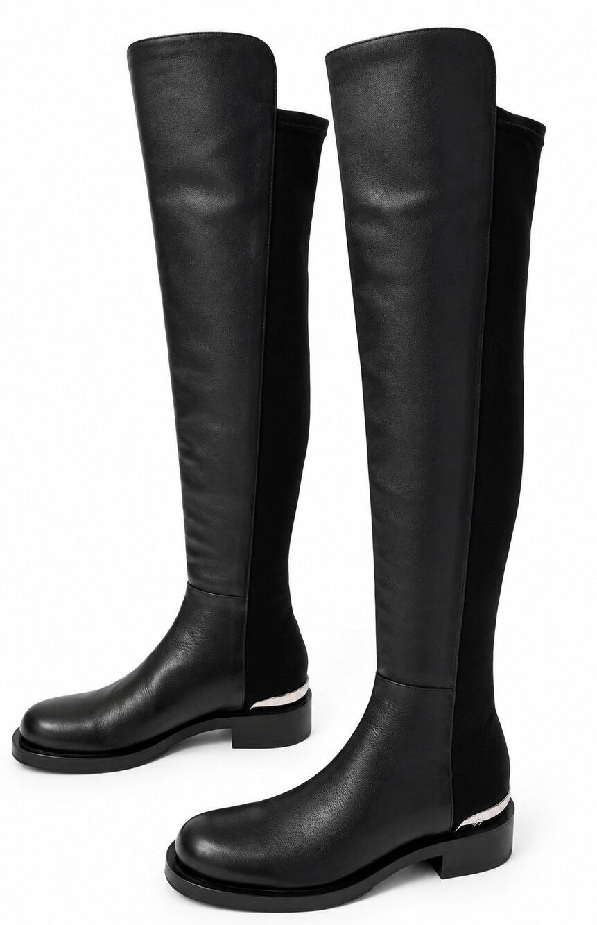NWOB $795 Stuart Weitzman 5050 Bold Black Leather Over Knee Boots 9.5 B - Picture 7 of 9